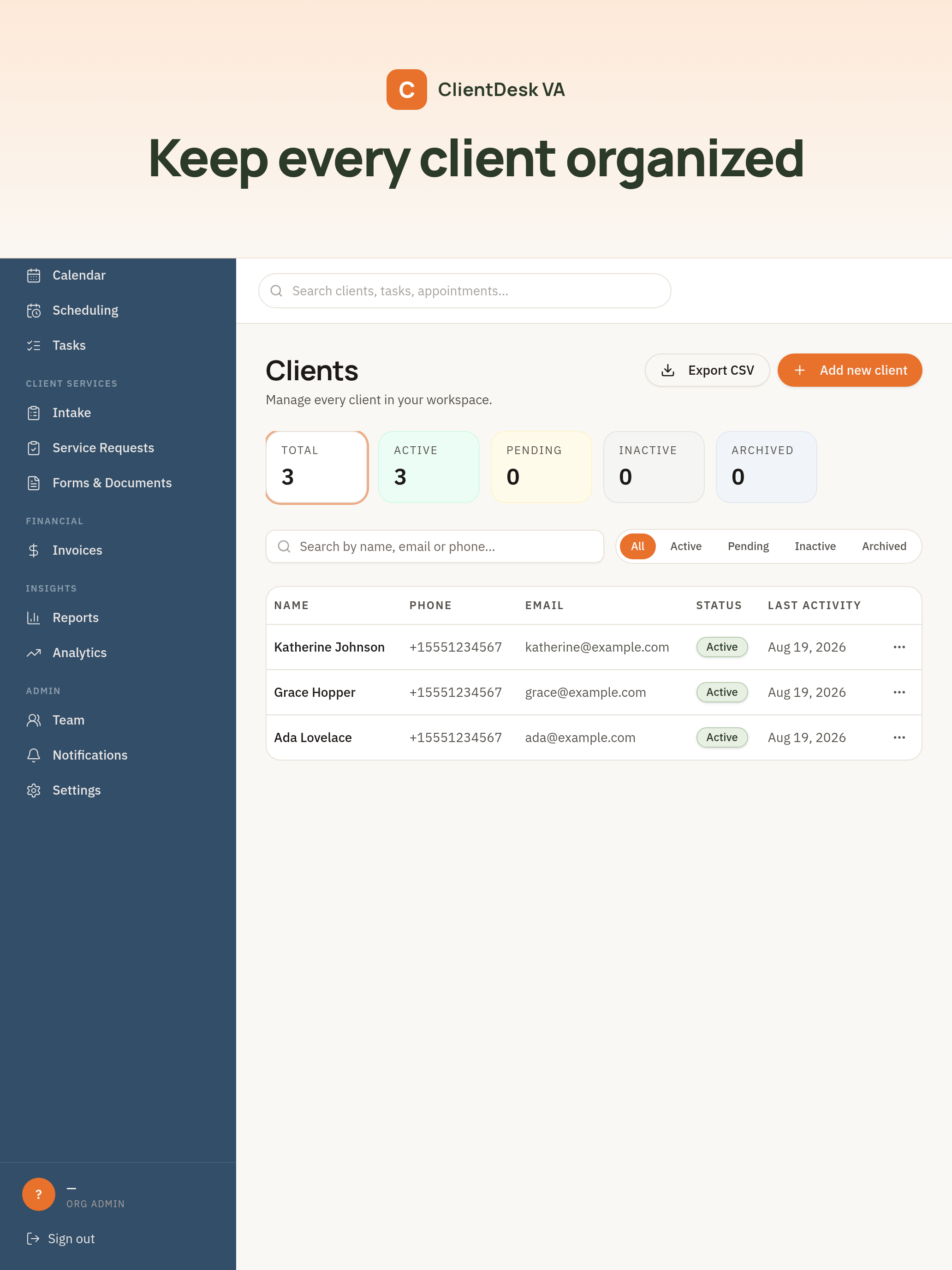 Client list in ClientDesk VA showing Total, Active, Pending, Inactive and Archived counts, plus searchable client rows.