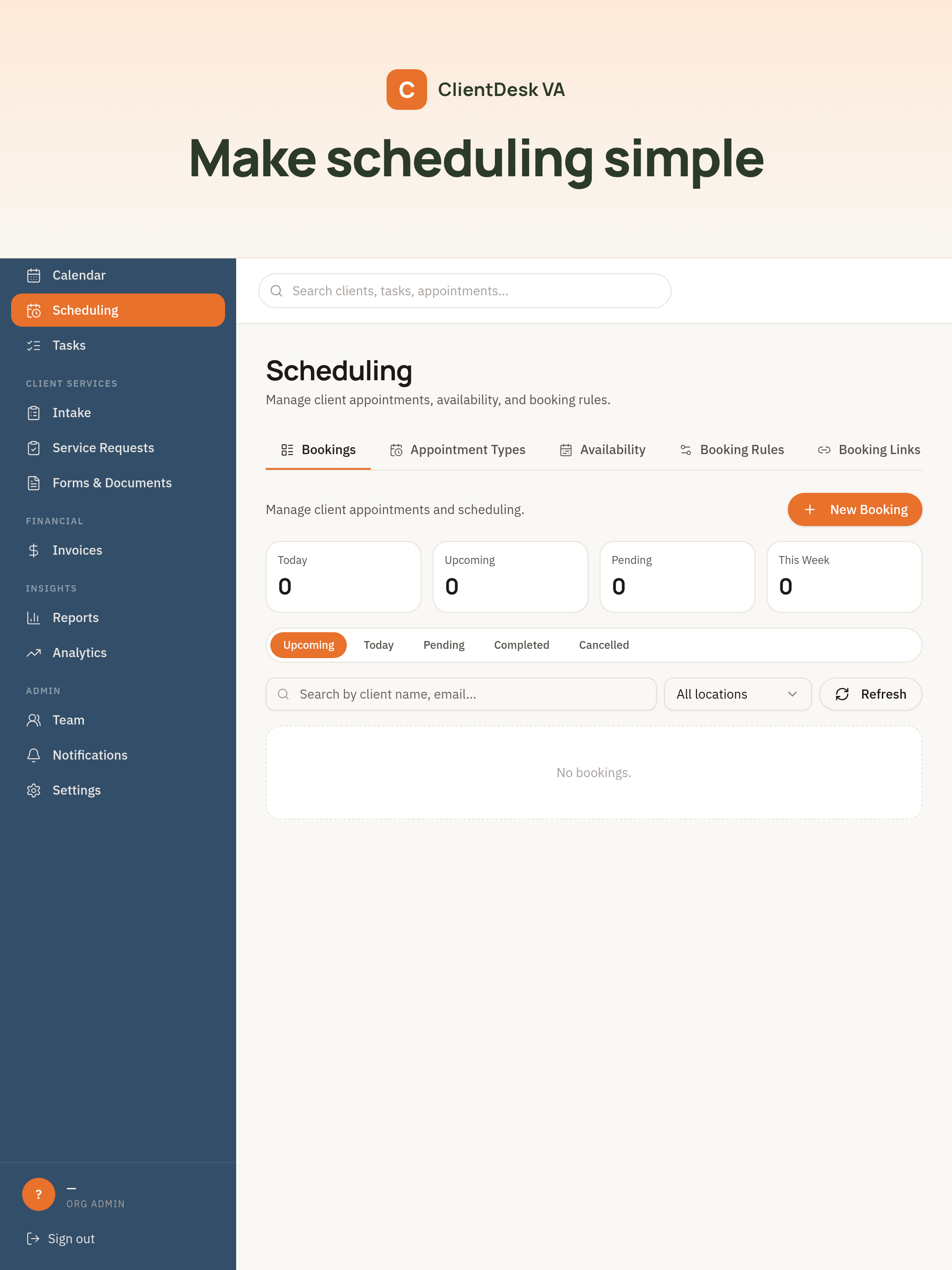 ClientDesk VA scheduling screen with Bookings, Appointment Types, Availability, Booking Rules and Booking Links tabs.