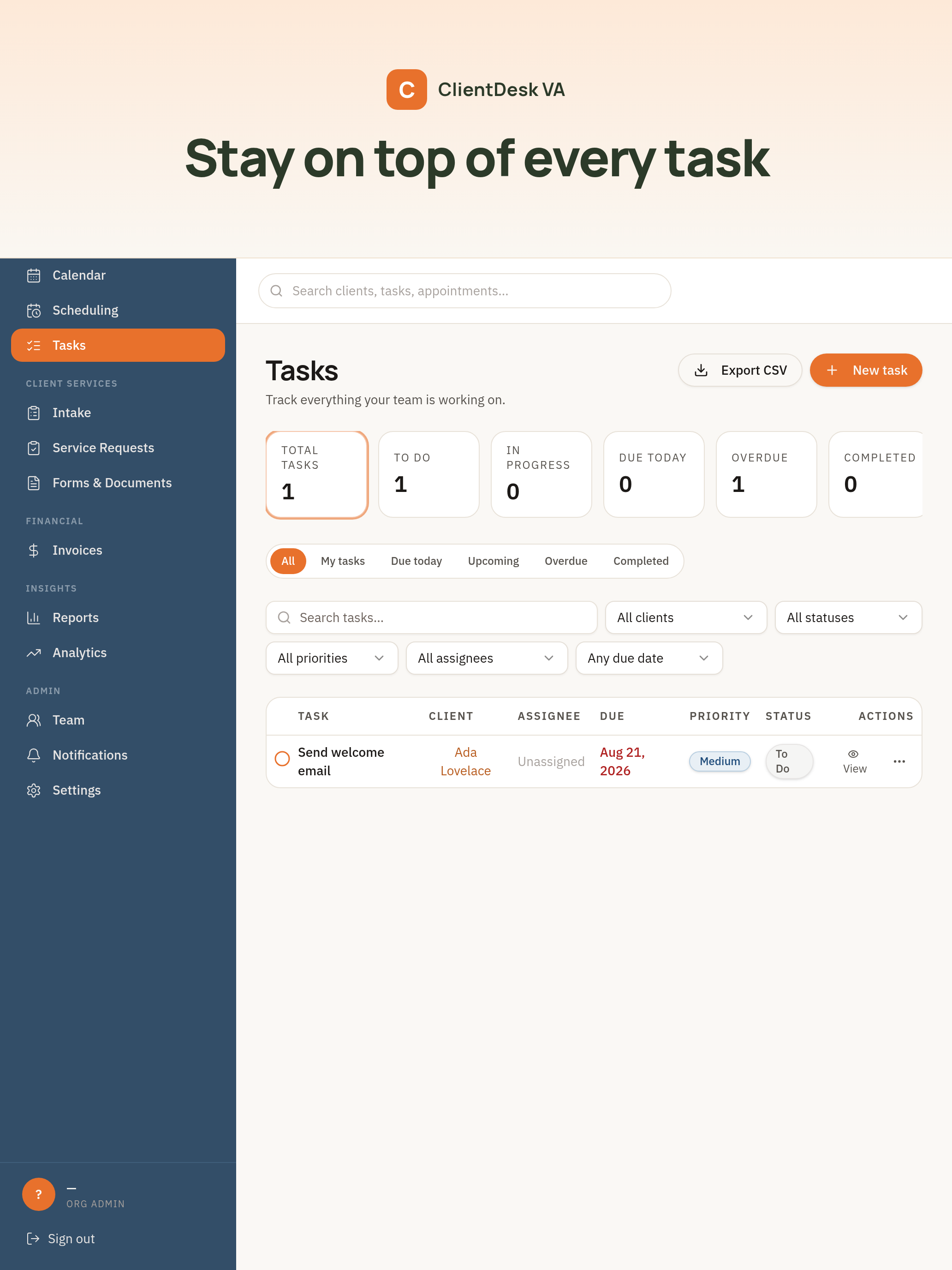 ClientDesk VA tasks screen with To Do, In Progress, Due Today, Overdue and Completed counters.