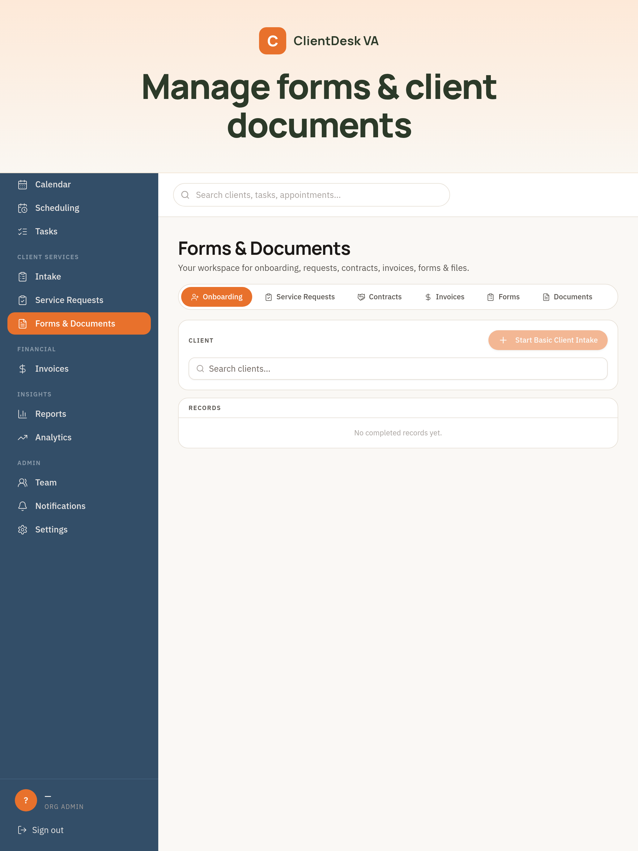ClientDesk VA forms and documents workspace with Onboarding, Service Requests, Contracts, Invoices, Forms and Documents tabs.