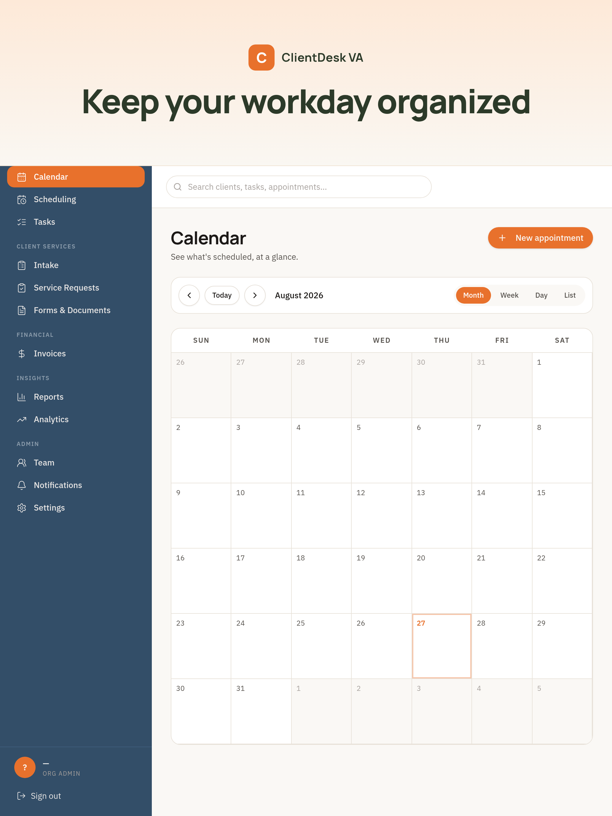ClientDesk VA calendar screen showing a monthly view with Month, Week, Day and List switchers.